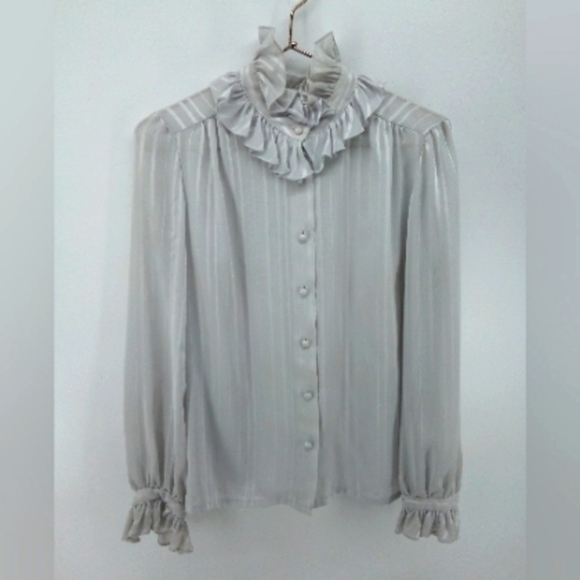 Vintage La Blouse Made in Korea Silver Ruffle Poof Top Semi Sheer Button 12 - Picture 1 of 12